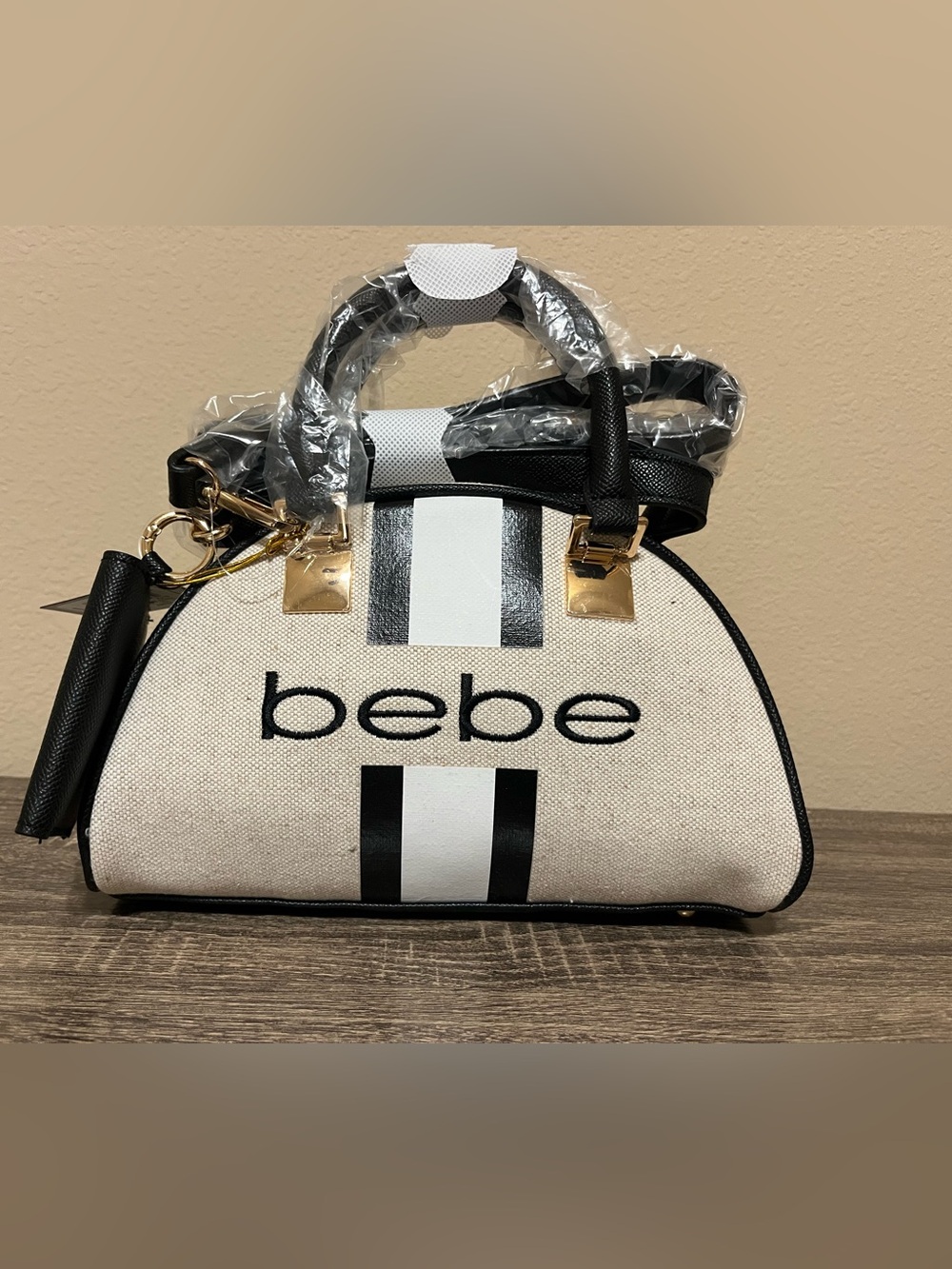 Bebe Black and White Striped Dome Satchel with Gold Hardware